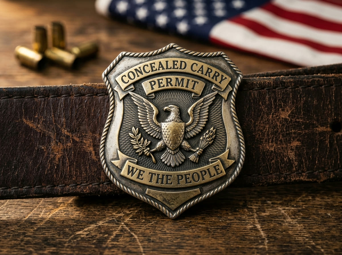 Concealed Carry Permit badge on a leather belt beside an American flag