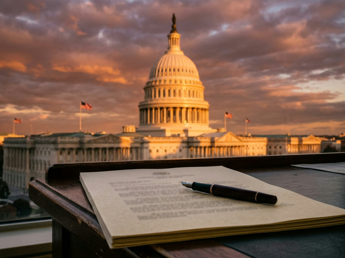 United States Capitol at golden hour with an official document and pen in the foreground