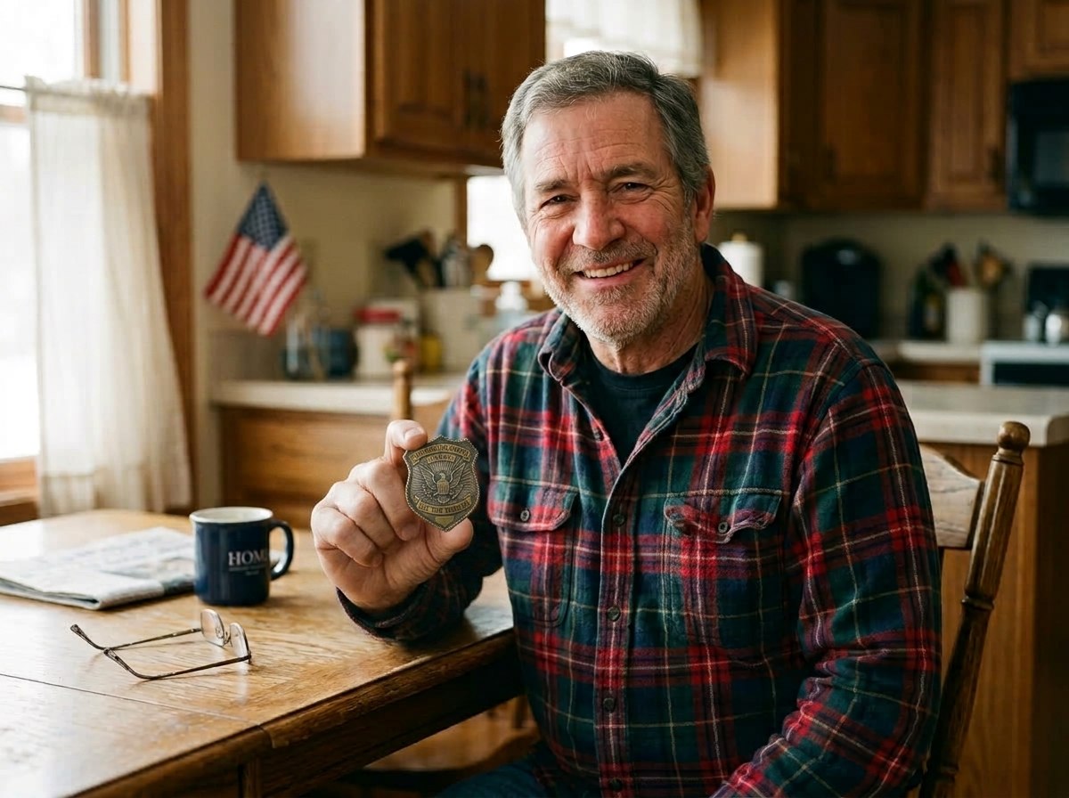 Man at his kitchen table holding a Concealed Carry Permit badge
