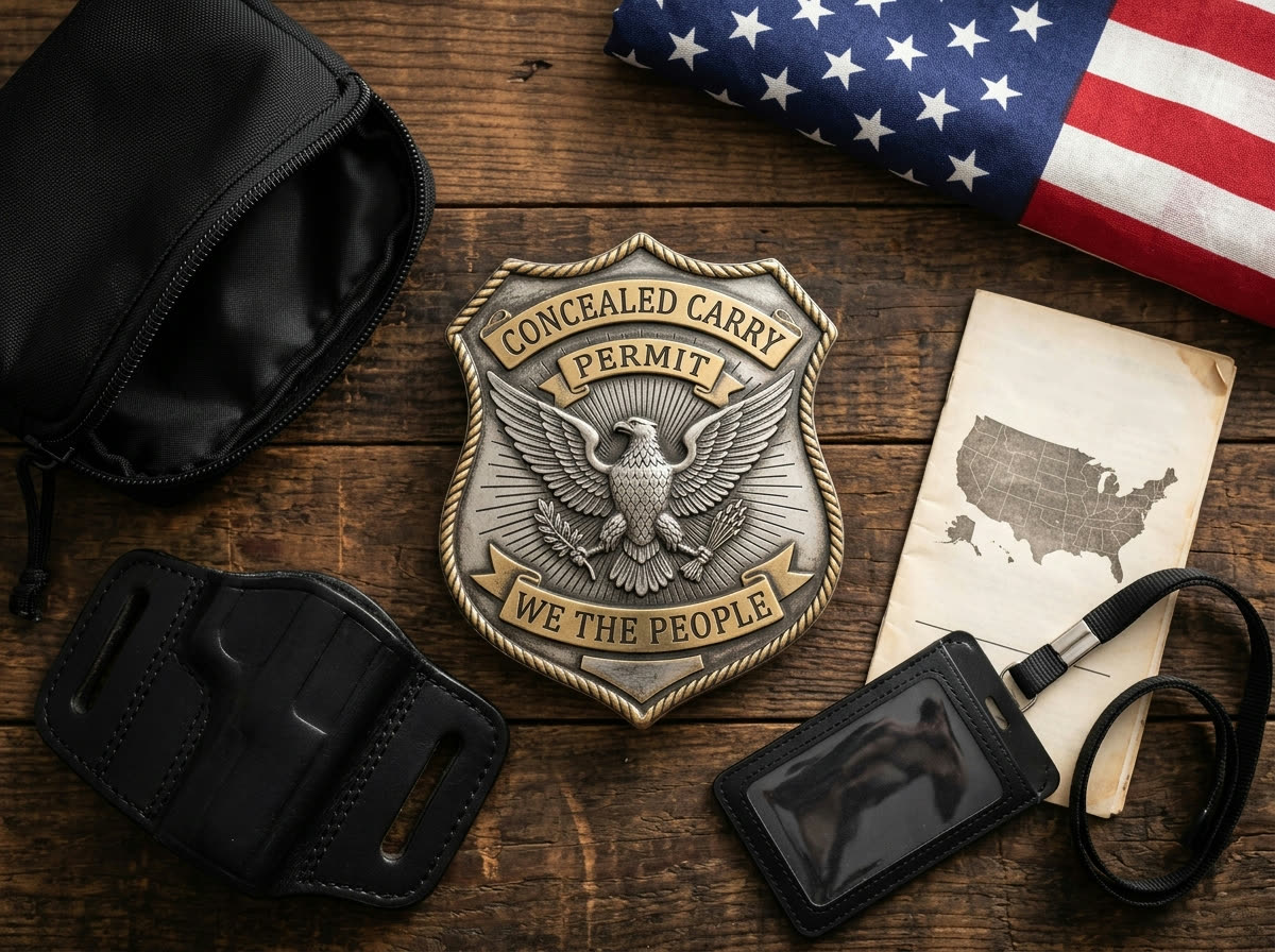 Concealed Carry Permit badge with free carry case, holster and 50-state guide