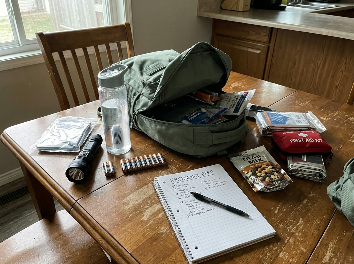 A home table where preparedness gear is being sorted and reviewed: an open go-bag, a notebook with checklists, a flashlight, batteries, and a water-filter bottle