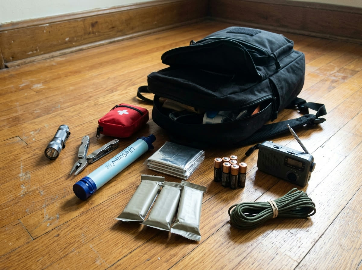 A backpack go-bag open on a hardwood floor with its contents arranged around it: flashlight, multitool, first-aid pouch, water filter, emergency blanket, energy bars, batteries, a small radio, and paracord