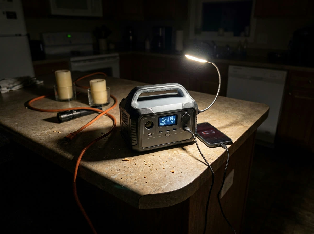 A compact portable power station on a kitchen counter during an outage, charging a phone and powering a small lamp, with candles and a flashlight in the dim background