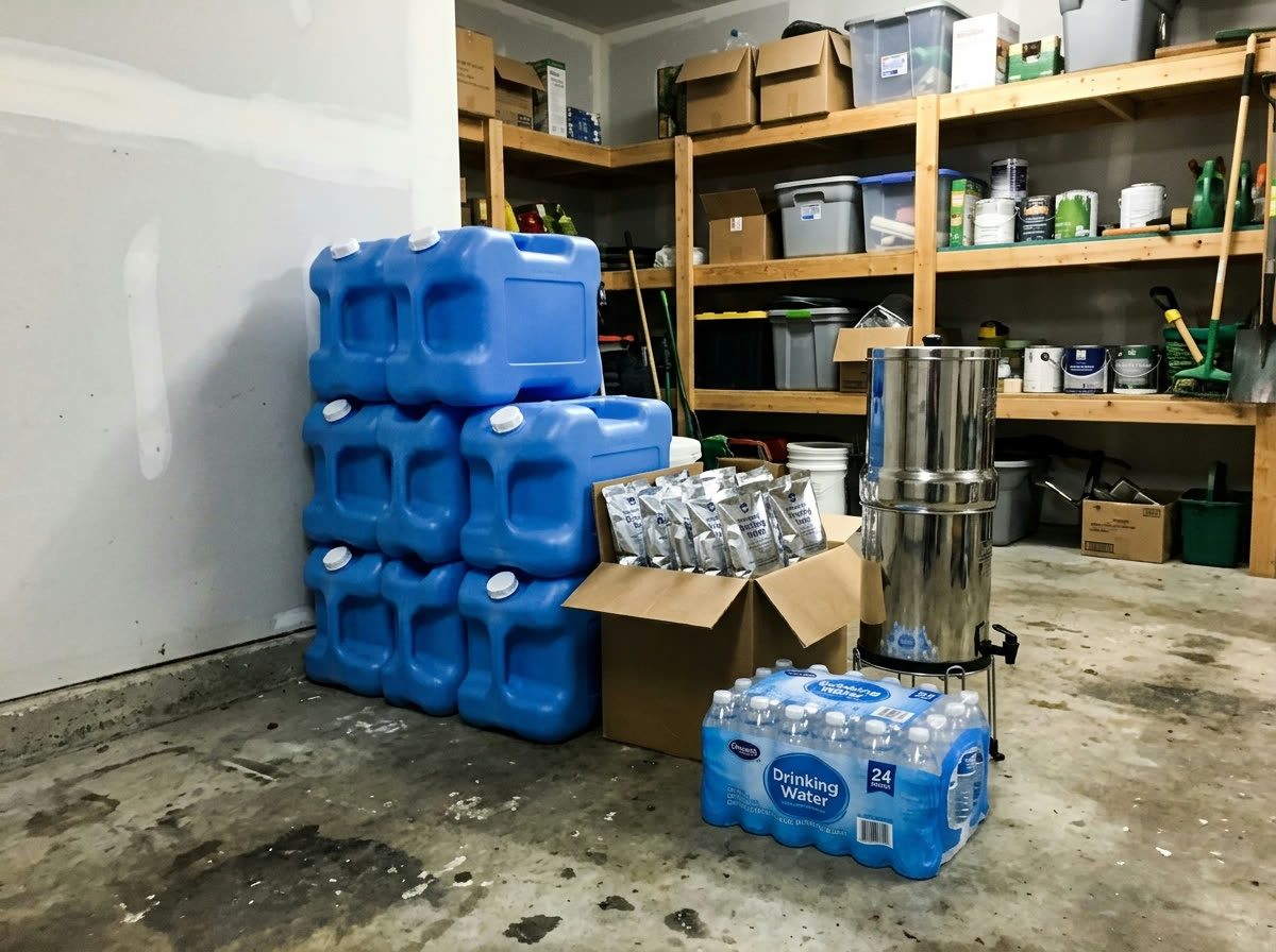 Emergency water storage in a garage corner: stacked blue water jugs, sealed water pouches, a tall countertop gravity water filter, and a case of bottled water on a concrete floor