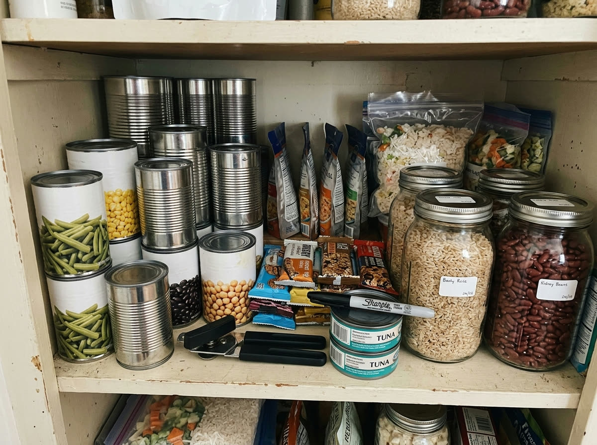 A pantry shelf stocked as an emergency food supply: canned vegetables and beans, pouches of freeze-dried meals, jars of rice and dried beans, energy bars, a manual can opener, and a marker for dating items