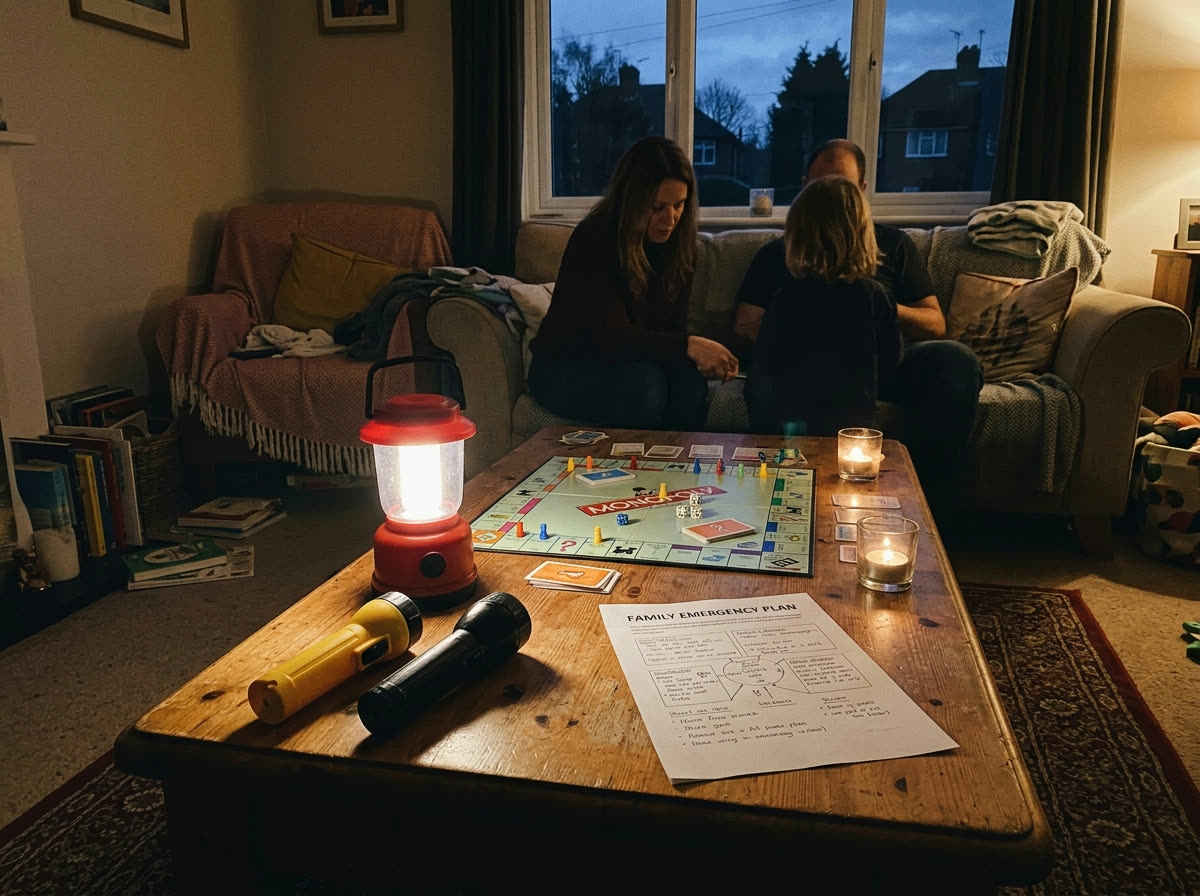 A family living room during a planned blackout drill at dusk: a battery lantern and flashlights on the coffee table, a board game mid-play, a printed emergency plan, and a couple of candles