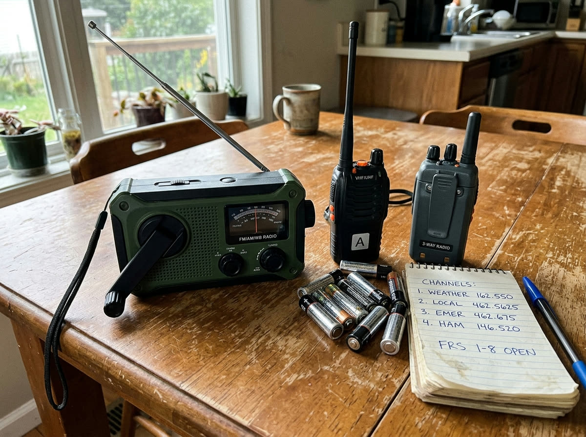 A hand-crank emergency weather radio with its antenna extended beside two handheld two-way radios, spare batteries, and a notepad with handwritten radio channel numbers