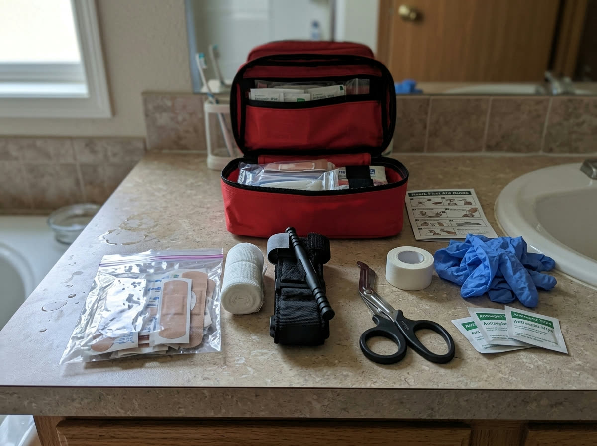 An opened first-aid kit on a counter with contents organized in front: assorted bandages, rolled gauze, a tourniquet, trauma shears, medical tape, nitrile gloves, antiseptic wipes, and a printed instruction card