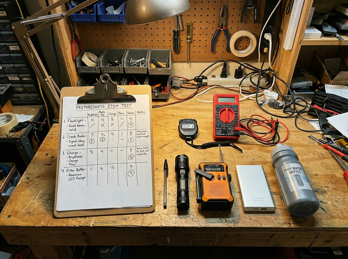 A home testing bench: a clipboard with a handwritten scoring sheet, a pen, a stopwatch, a multimeter, and four preparedness items lined up to compare — a flashlight, a hand-crank radio, a power bank, and a water-filter bottle