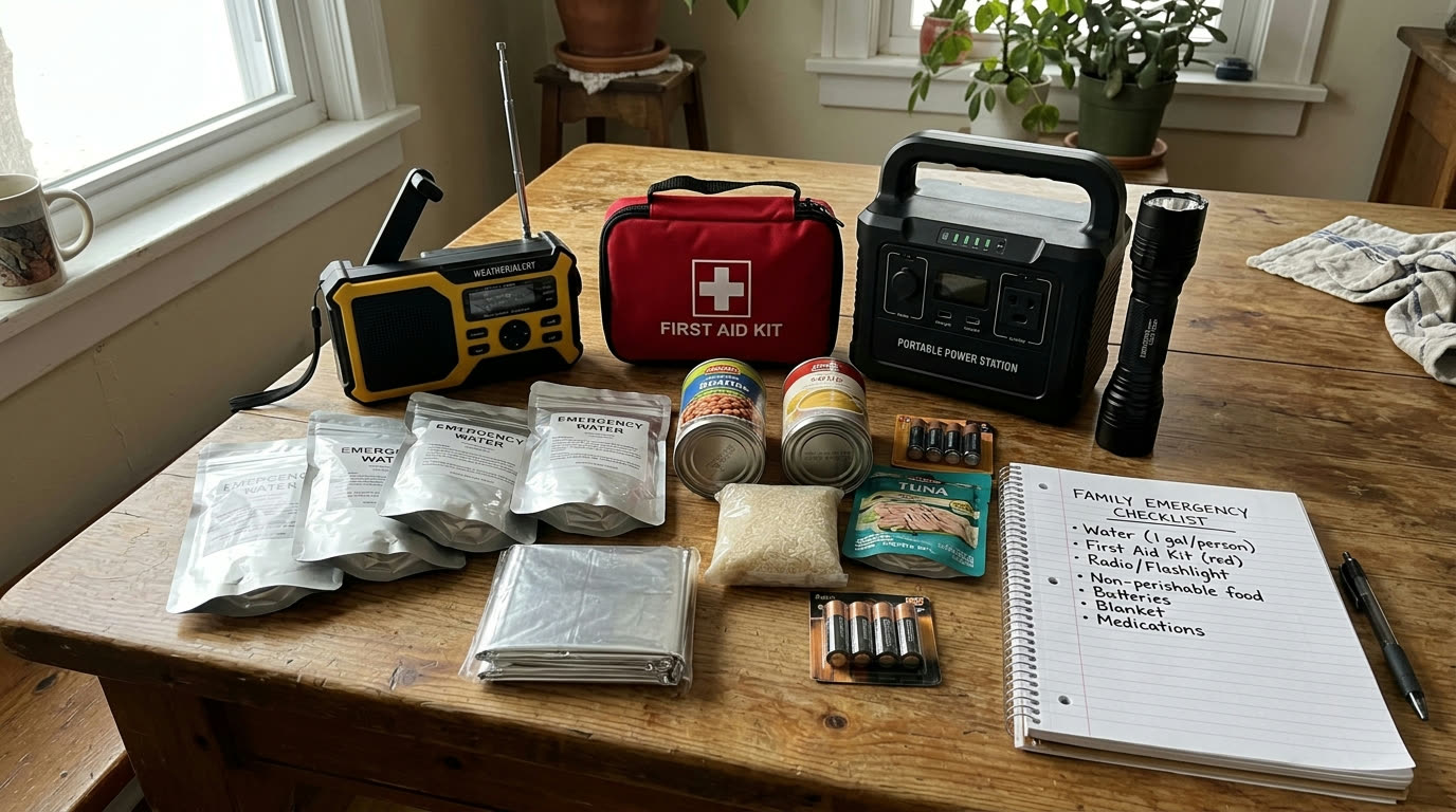 An assortment of home emergency-preparedness items on a table: a hand-crank weather radio, a first-aid kit, water pouches, a portable power station, a flashlight, food, and a handwritten family plan